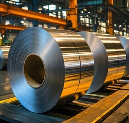 Poster - High-Quality Steel Rolls in Industrial Warehouse Setting with Bright Lights and Modern Machinery for Manufacturing Processes