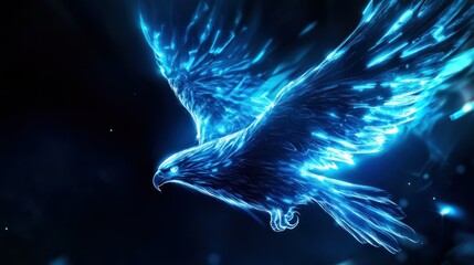Poster - Ethereal glowing blue eagle soaring through a dark, mystical background with shimmering particles