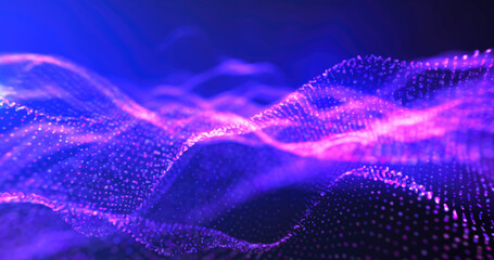 Poster - Abstract purple and blue digital wave pattern, creating a vivid and energetic visual with a blend of glowing dots and flowing lines