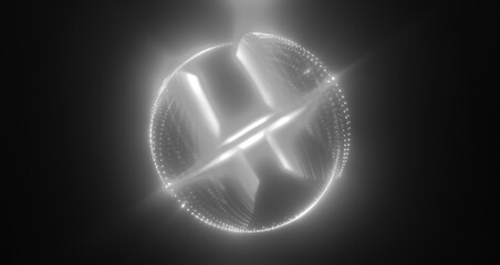Wall Mural - a futuristic black and white glowing sphere made of intricate light lines, floating in a dark, myste