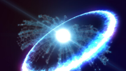 Poster - Bright white energy ring with electric texture on a blue gradient background. Futuristic and abstract digital art concept