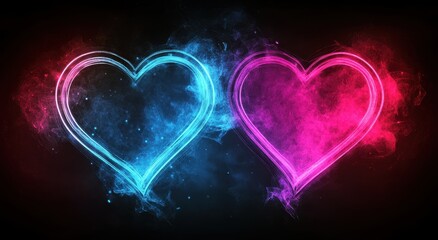Poster - Illuminated Hearts in Blue and Pink Smoke Against a Dark Background for Romantic and Love Themes in Digital Design