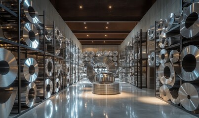 Poster - Industrial Design Showcase with Elegant Metal Sheets and Reflective Surfaces in Contemporary Space Featuring Modern Artistry and Innovative Aesthetics