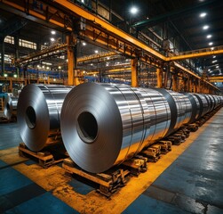 Poster - Industrial Factory Interior with Large Steel Rolls Stacked on Pallets in a Brightly Lit Manufacturing Warehouse Environment