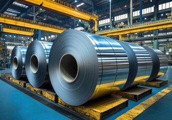 Poster - Industrial setting with large coils of shiny steel resting on a sturdy platform surrounded by machinery in a spacious manufacturing facility