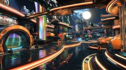 Poster - Futuristic cityscape at night with glowing neon lights and a large moon illuminating the scene
