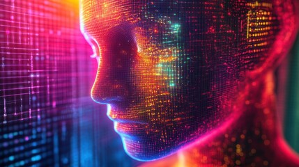 Poster - Futuristic digital human head with vibrant neon lights and data streams in a tech-inspired setting
