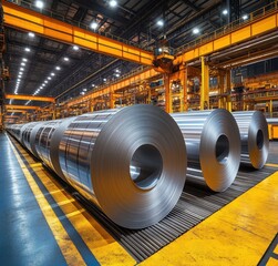 Poster - Large Rolled Aluminum Coils in a Brightly Lit Industrial Warehouse with Modern Equipment and Safety Measures in Place