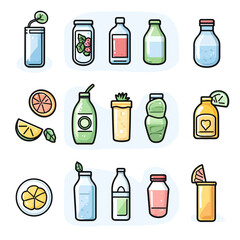 Poster - Variety of colorful drink and juice containers arranged on a white background