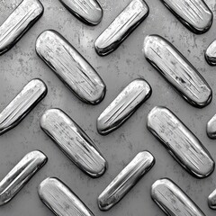 Poster - Metallic surface with embossed texture showing shiny silver elements against a gray background, ideal for industrial, technology, or design themes