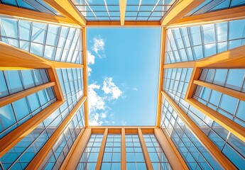Poster - Modern architectural design featuring glass and wooden structure with blue sky and clouds captured from below in a vibrant urban setting