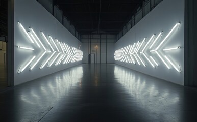 Poster - Modern Gallery with Neon Arrow Lights Illuminating a Contemporary Space and Creating a Unique Artistic Ambiance