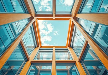 Poster - Modern Architecture featuring a Stunning Glass Roof with Wooden Frames and Blue Sky Visible from Below in a Contemporary Urban Environment