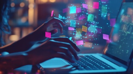 Poster - hands typing on laptop keyboard and interacting with colorful holographic user interface, futuristic