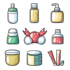 Poster - Cartoonish vector graphic of cosmetic and skincare product containers