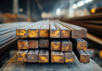 Poster - Rusty steel rods stacked in an industrial warehouse showcasing texture, color details, and the essence of construction materials and fabrication processes