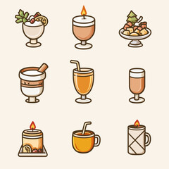 Poster - Drinks and Desserts Icons: Beverages, candles, sweets, and vector art