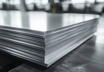 Poster - Stack of Blindingly Shiny Aluminum Sheets in Factory Setting with Soft Natural Light Enhancing Industrial Environment and Material Texture