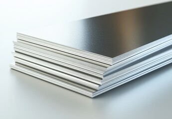 Poster - Stacked sheets of metallic material featuring a shiny silver surface, ideal for industrial design, construction, and architectural projects or presentations