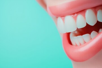 Poster - Perfectly white teeth shining in a cheerful smile with a gentle dental check up in a pastel blue background Generative AI
