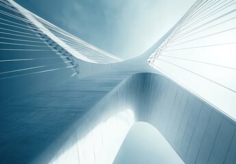 Poster - Stunning Architectural Detail of a Modern Bridge with Unique Cable Design and Symmetrical Lines Against a Soft Blue Sky Background