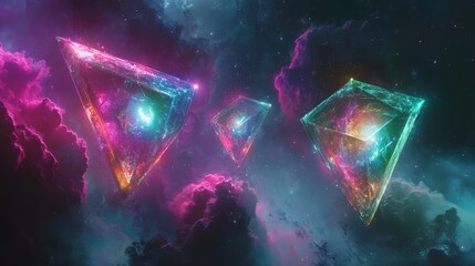 surreal geometric shapes floating in space, colorful lights, glowing particles, abstract art, dynami