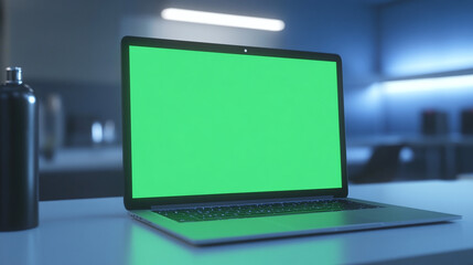 Fototapete -  laptop with green screen chroma key monitor in a modern office cafe, 3d realistic render with soft white lighting real atmosphere