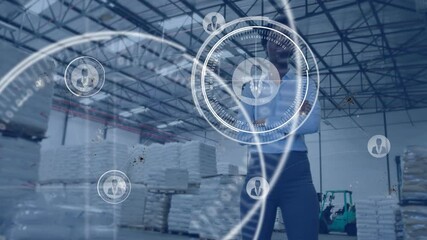 Poster - In warehouse, businessperson analyzing digital network connections and data processing animation