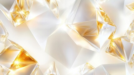 Fototapete - Luxurious abstract 3D render with white and gold polygonal shapes, diamond texture, and a crystal-like surface. Shiny glass reflections, bright lighting, and golden glow create an elegant and futurist