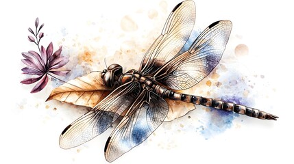 Aufkleber - Whimsical and Elegant Watercolor Depiction of a Dragonfly Resting on a Leaf Its Wings Radiating Gentle Shades of Blue Purple and Gold Blending Effortlessly in an Ethereal Style