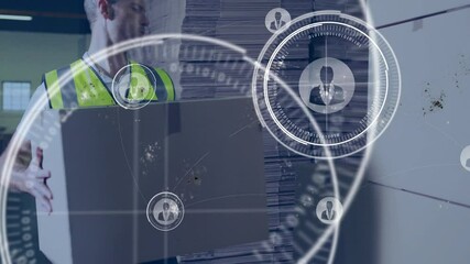 Poster - In warehouse, worker in safety vest using animation of digital network connections