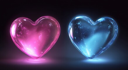 Poster - Vibrant Pink and Blue Heart-Shaped Gems Glowing with Subtle Reflections Against a Dark Background for Romantic Concepts and Designs