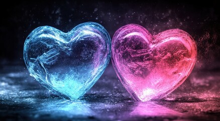Poster - Vibrant Ice Hearts in Blue and Pink Shades on a Dark Background with Soft Glowing Effects Creating a Romantic Atmosphere Perfect for Valentine's Day Projects