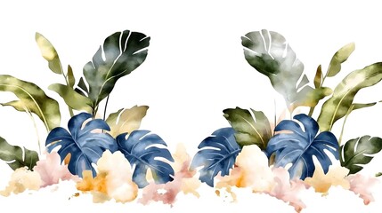 Poster - Lush and Elegant Watercolor Botanical Composition Featuring a Graceful Arrangement of Green Leaves in Various Shades on a Clean White Background Perfect for a Minimalist Banner Frame