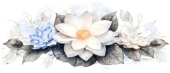 Poster - Stunning Watercolor Floral Painting with Delicate Petals and Lush Leaves Blending Vibrant Colors to Create a Serene and Elegant Composition Perfect for Home Decor and Interior Design