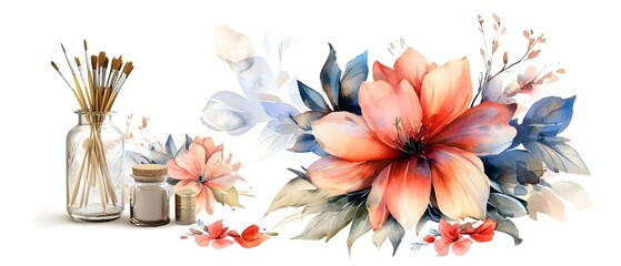 Poster - A stunning watercolor floral painting featuring delicate petals and lush leaves blending vibrant colors seamlessly to create a serene and elegant composition
