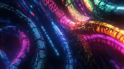 Poster - Vibrant abstract digital landscape featuring colorful flowing lines and illuminated patterns