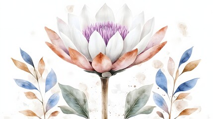 Poster - A stunning and detailed botanical showcasing the beauty of a protea flower with soft pink petals and lush green leaves