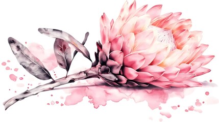 Aufkleber - A serene and enchanting botanical artwork showcasing the graceful pink petals and fresh green leaves of a protea flower with intricate detailing and soft shading perfect for floral designs