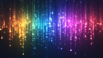 Poster - Vibrant abstract light wave pattern with colorful vertical lines and glowing dots against a dark backdrop