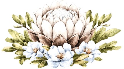 Poster - Charming and Detailed Protea Flower Capturing the Beauty of its Structured Petals and Lush Green Leaves with Vibrant Color Transitions Making it an Ideal Fit for Floral and Nature Themes