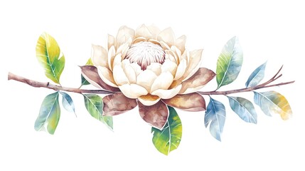Aufkleber - A charming and detailed protea flower the beauty of its structured petals and lush green leaves with vibrant color transitions making it an ideal fit for floral and nature themed designs artwork