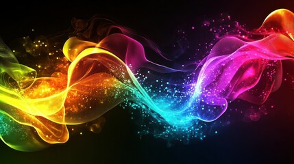 Poster - Vibrant abstract wave of colorful light flowing through a dark background, creating a dynamic visual