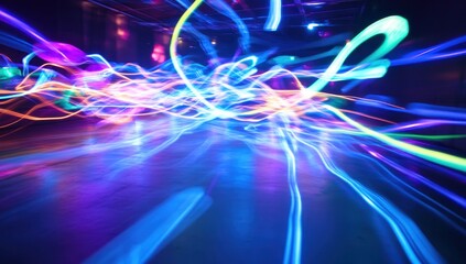 Poster - Abstract colorful light trails creating dynamic patterns in a modern indoor setting for artistic and creative backgrounds or designs