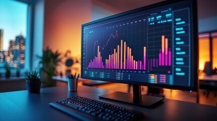 Poster - a modern workspace featuring a computer monitor displaying vibrant data visualizations against a bac