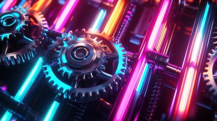 Poster - Vibrant close-up of metallic gears interspersed with glowing neon lights in a dynamic arrangement