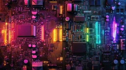 Poster - Vibrant close-up of a colorful circuit board showcasing intricate electronic components and lights