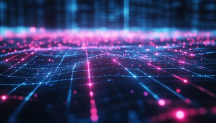 Poster - Abstract digital landscape with glowing points and lines in vibrant colors representing technology, data, and futuristic concepts