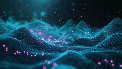 Fototapete - Abstract digital landscape with glowing particles, illuminated waves, and shimmering surface in a futuristic environment full of vibrant colors