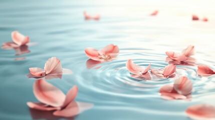 Aufkleber - Serene pastel hues with delicate flower petals floating on calm water creating a peaceful atmosphere for reflection Generative AI